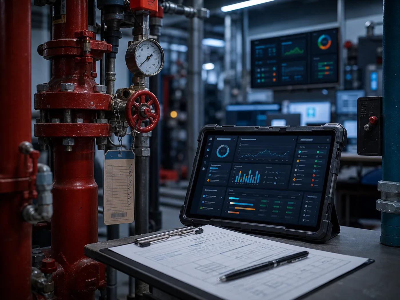 Fire protection inspection area with sprinkler equipment, rugged tablet dashboards, checklist, and service paperwork