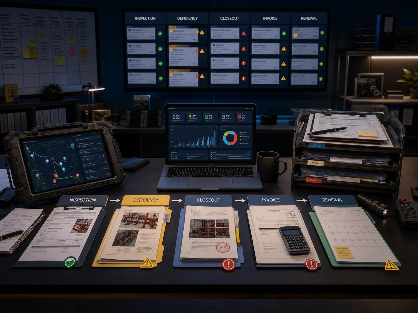 Field-service revenue lifecycle desk showing inspection, deficiency, closeout, invoice, and renewal work queues