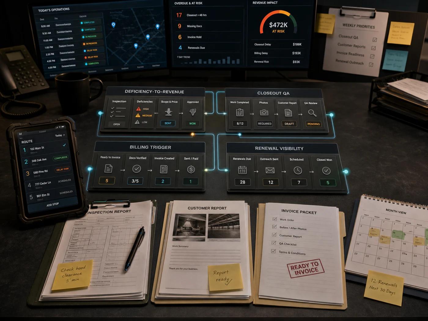 Connected field-service operating modules for deficiency revenue, closeout QA, billing triggers, and renewal visibility